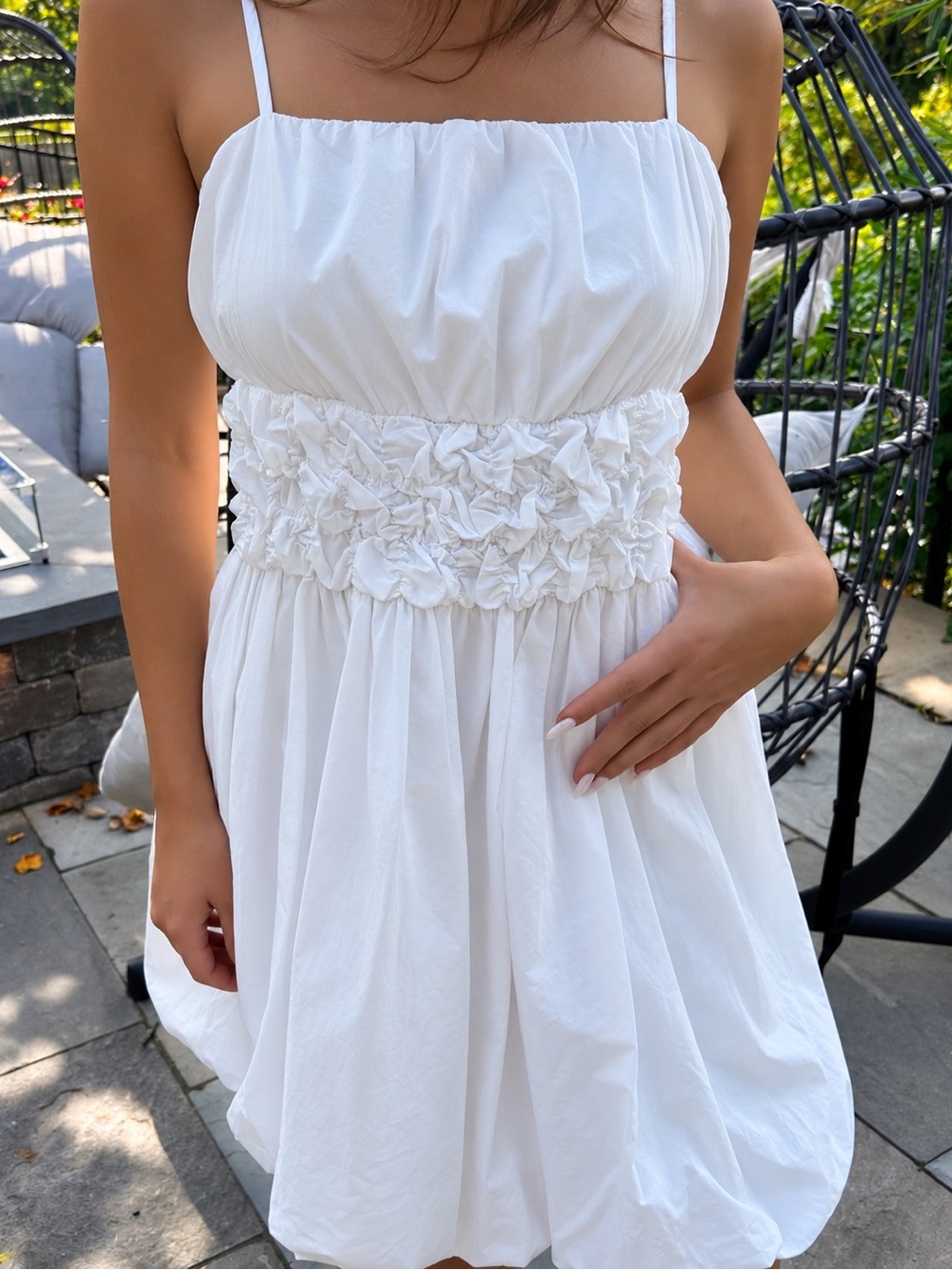 NWT PINCH White Bubble Hem Mini Dress Ruched Waist Size L - Picture 3 of 13